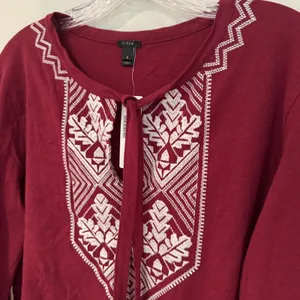 J. Crew Embroidered Tie‎ Neck Long Sleeve Top Women's Small Burgundy Boho Hippie thumbnail 3