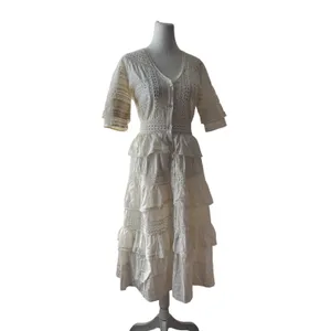 LoveShackFancy Rebecca 100% Cotton White Lace Embroidered Tiered Midi Dress thumbnail 9