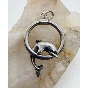 Vintage‎ Sterling Silver Dolphin Pendant Circle Hoop Nautical Ocean Jewelry 925 thumbnail 2