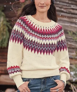 Sundance Eloise Fair Isle Sweater Wool Blend Cream Burgundy Cozy XS‎ thumbnail 1