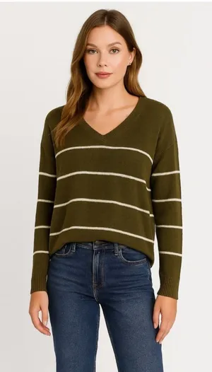 TAHARI‎ Olive Striped V-Neck Sweater thumbnail 1