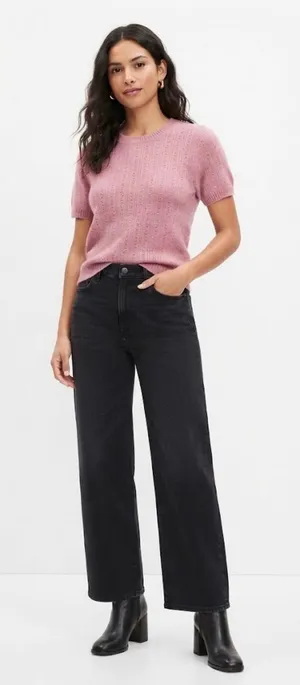 NWT Universal Thread Pink Pointelle Short Sleeve Knit Sweater Top Size L thumbnail 1