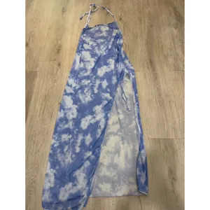 Blue Cloud Print Halter Swim Cover Up Maxi Dress Beach Resort Side Slit thumbnail 2