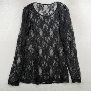 Whimsigoth Large Top Sheer Black Floral Lace Long Sleeve Scoop Neck Coquette thumbnail 8
