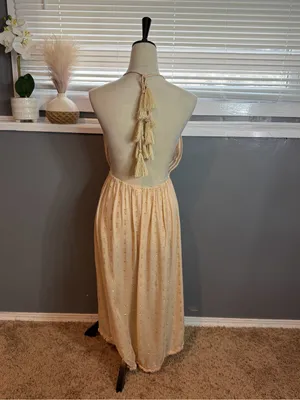 Surf Gypsy Halter Maxi Dress Size M Boho Gold Shimmer Backless Tassel thumbnail 7