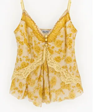 Tracy Reese Cami Top Womens Small Yellow Silk Lace Trim Citrus Print Y2K Vintage thumbnail 1