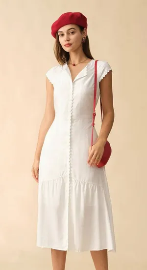 Rihoas Solid White Color Lapel Midi Dress thumbnail 1