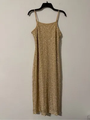 Donna Karan New York Bugle Beaded Slip Dress in Champagne Gold, Size M, NWT thumbnail 5