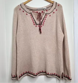 Vintage Fashion Bug Wool Blend Sweater Women’s XL Tie Neck Boho Beige thumbnail 1