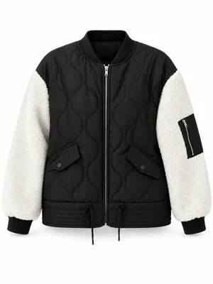 Focus Quilted Sherpa Sleeve Bomber Jacket Black White Size M thumbnail 2