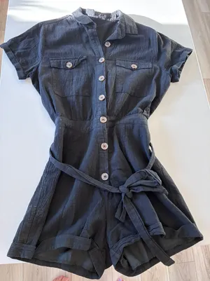 Black Cotton Short Sleeve Button Front Utility Romper LC64488 Small thumbnail 1
