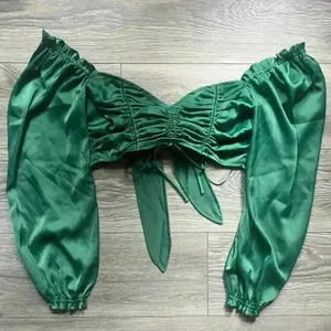 Urban Outfitters Green Satin Long Puff Sleeve Tie Back Crop Festival Top Size M thumbnail 1