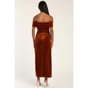 NWT Lulus I'm Enchanted Rust Orange Velvet Off-the-Shoulder Maxi Dress Gala L thumbnail 3