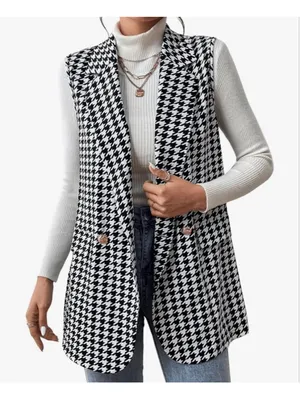 NEW Houndstooth Lapel Button Front Blazer Sleeveless Long Vest M Black Size M thumbnail 1