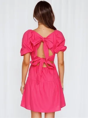Hello Molly Best Weekend Tie Back Puff Sleeve Dress Pink Size 6 thumbnail 4