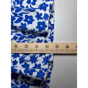 THML Anthropologie XL Blue White Floral Tiered Babydoll Dress Pink Pom Pom Trim thumbnail 12