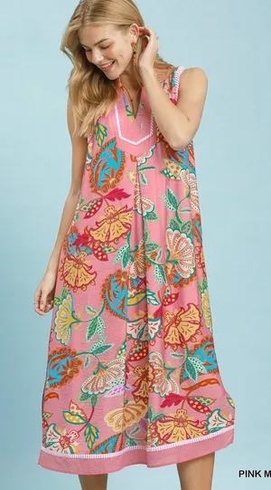 Umgee Paisley Floral Sleeveless Midi‎ Dress - Pink Mix - Large thumbnail 1