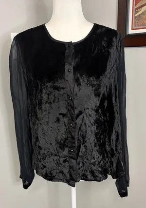 Vintage April Cornell black velvet sheer sleeves button down top size Medium 90s thumbnail 1