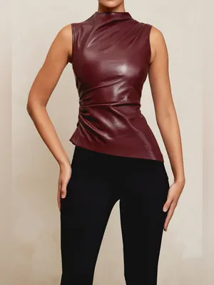 HOUSE OF CB ALLEGRA Wine Vegan Leather Asymmetric Top, Size X-Small, $148 thumbnail 6