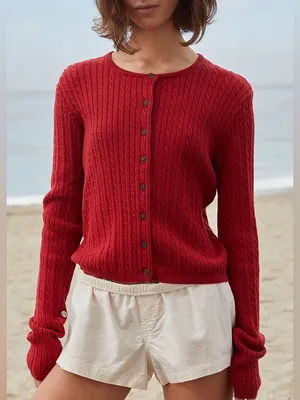 John Galt Zoe Cable Knit Cardigan sweater knit cotton berry buttons down brandy thumbnail 1
