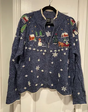 VTG Erika Size PXL Christmas Cardigan Sweater Zip Front Snowman Winter Cotton thumbnail 1