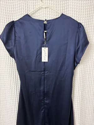 Petal + Pup Lisbeth Ruched Satin Midi Dress Navy Large NWT thumbnail 12
