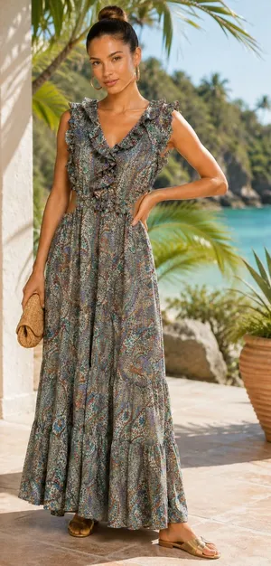 &Merci Paisley Ruffle Cutout Tiered Maxi Dress Olive Green Orange Holiday NWT M thumbnail 1