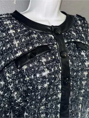 White House Black Market Black Tweed Style Cropped Leather Trim Jacket Large thumbnail 4