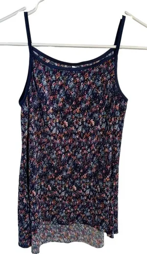 Knit Works Women's Juniors Size XL Ribbed Tank Top‎ Navy Blue Floral Stretch Y2K thumbnail 1