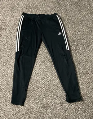 Vintage Adidas Track Pants Mens L Black Polyester Tapered 3 Stripes Zip Pockets thumbnail 1