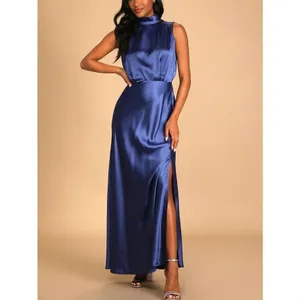 NWT Lulus Classic Elegance Satin Sleeveless Mock-Neck Slit Maxi Dress Large Blue thumbnail 12