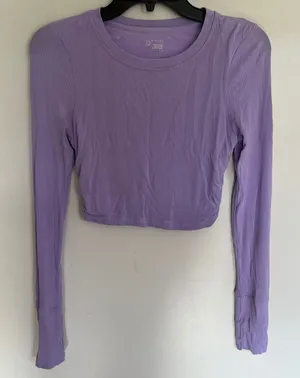 Offline by Aerie Purple Ribbed‎ Ruched Side Cropped Long Sleeve Top Small thumbnail 1