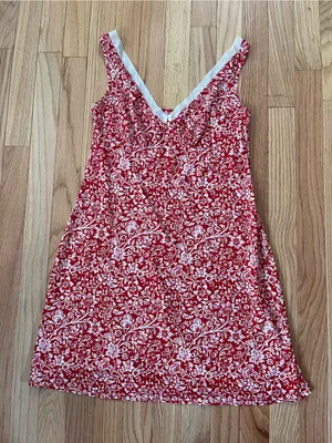 Red White Floral Print Slip Mini Dress XS Nightgown Feminine Romantic Cottage thumbnail 1