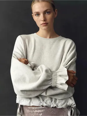 NEW Side Tie Crewneck Sweatshirt Balloon Sleeves Gray Medium thumbnail 1