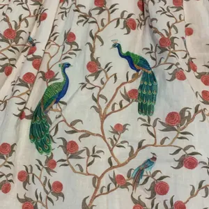 Beau & Ro Peacock Floral Block Print Cotton Midi Shirt Dress S Cream Green Boho thumbnail 3