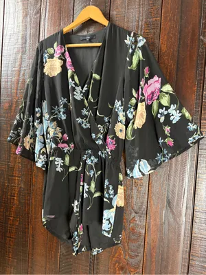 Olivaceous Floral Chiffon V-Neck Kimono Romper - Medium thumbnail 2