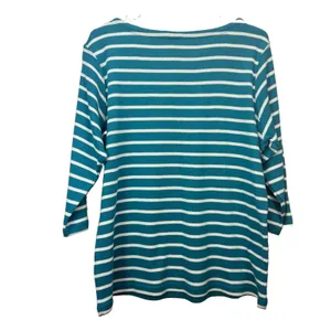 LL Bean Teal Striped Boat Neck 3/4 Sleeves Rib Knit Shirt Size XL thumbnail 5