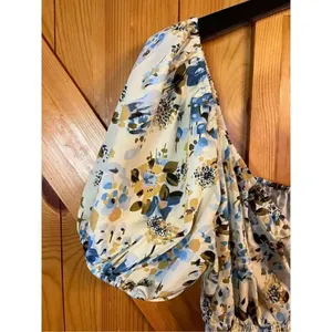 NSR Puff Sleeve Smocked Mini Dress Satin Short Ivory Blue Floral Size Small nwt thumbnail 2