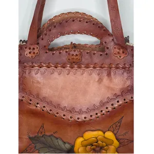 1970s Brown Tooled Leather Sculpted 3D Flower Boho Artisan Shoulder Bag thumbnail 5