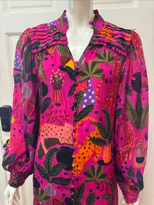 Farm Rio Jungle Print Maxi Dress Womens Pink Leopard Monkey Long Sleeve Sz S thumbnail 4
