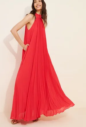 BHLDN Rosie High-Neck Pleated Chiffon Maxi Dress Red Gown Size small thumbnail 1