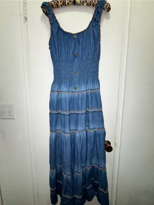 Lapis Blue Tiered Denim-Style Maxi Prairie Milkmaid Vintage Dress Large thumbnail 3
