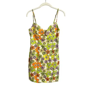 Zara Bright 70s Style Retro Floral Mini Dress Women's sz. XS Green Multicolor thumbnail 2