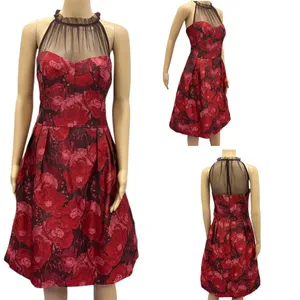 Maggy London Red Jacquard Cocktail Wedding Guest Illusion Yoke Dress Womens 16 thumbnail 3