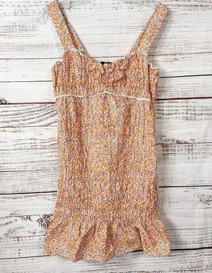 Zara Floral Ditsy Orange Lilac Smocked Sleeveless Minidress, EUC, Size Medium thumbnail 1