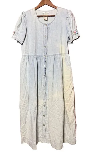 VTG Casual Corner‎ Women 16 90s Denim Maxi Dress Light Wash Floral Embroidery thumbnail 1