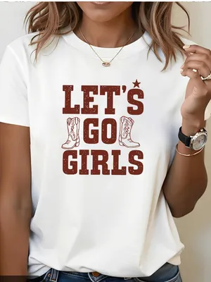 Women’s Size XL T-Shirt White Brown Let’s Go Girls Cowboy Boots Short Sleeve thumbnail 1
