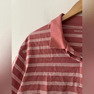 American Eagle Salmon‎ Pink and White Striped Cropped Polo Shirt thumbnail 4