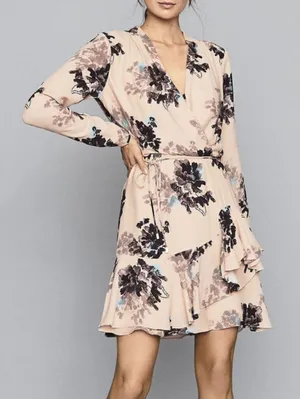 Reiss Anja Floral Ruffle Wrap Mini Dress Pink/Blue Size US 0 / UK 4 - Women's thumbnail 1