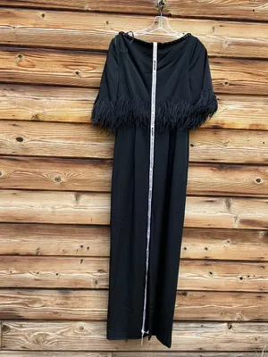 Mac Duggal Black Size 4 Feather Trim 1/4 Sleeve Long Column Gown Dress thumbnail 8